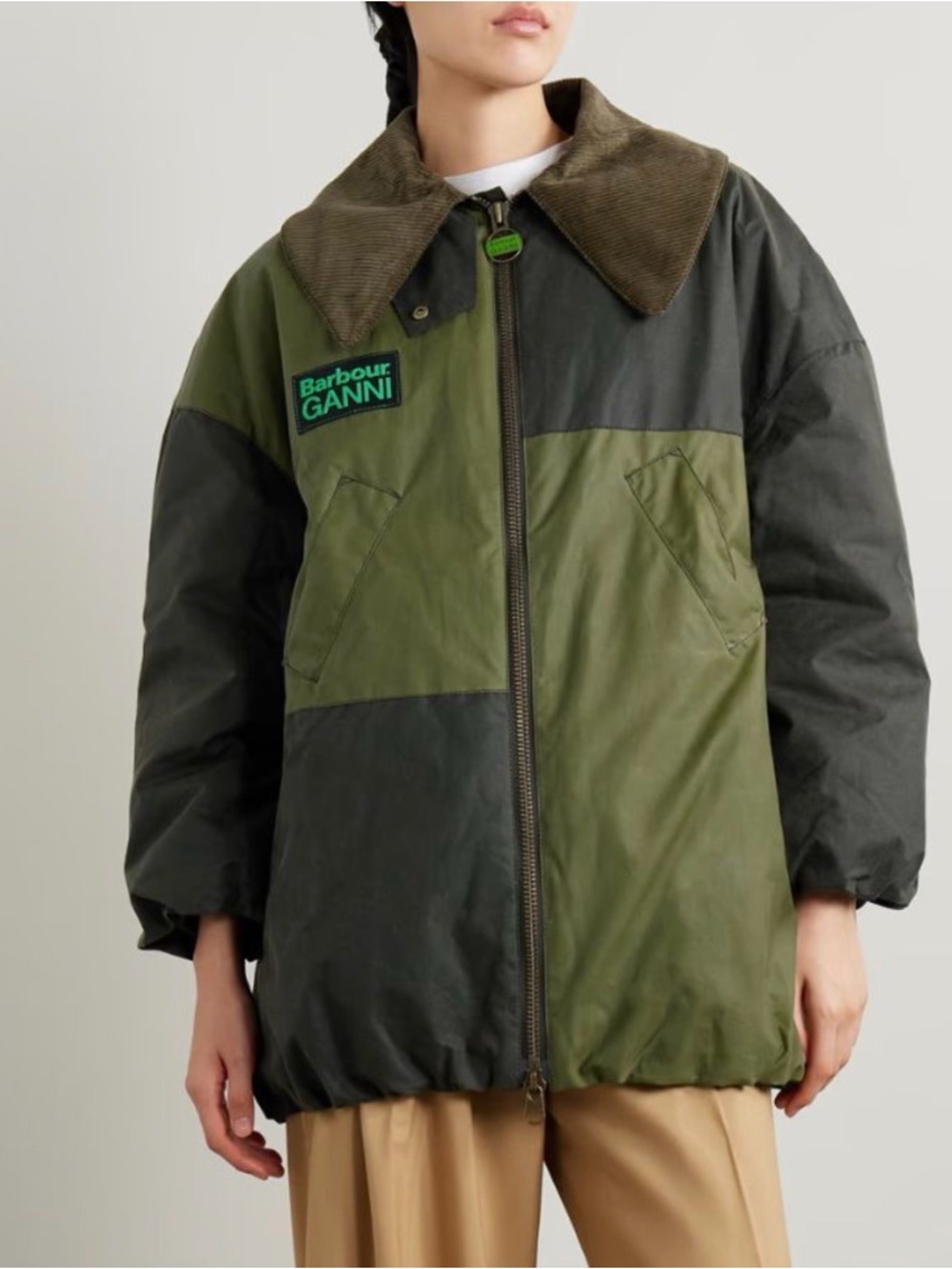 Barbour x Ganni Two-Tone Olive & Dark Green Corduroy Collar Puffer Jacket